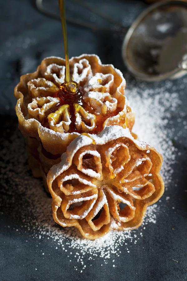 Swedish Rose Shaped Waffles With Honey And Icing Sugar Photograph by The Kate Tin
