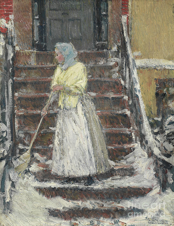 Sweeping Snow Painting by Childe Hassam