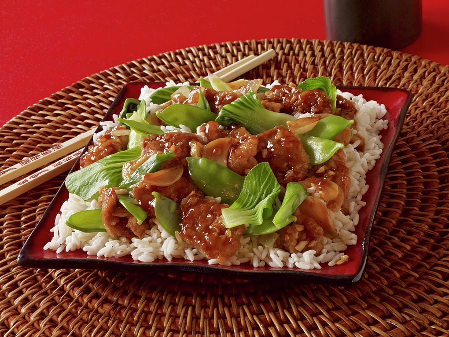 Sweet And Sour Chicken With Bok Choy And Mange Tout asia Photograph by Jon Edwards Photography