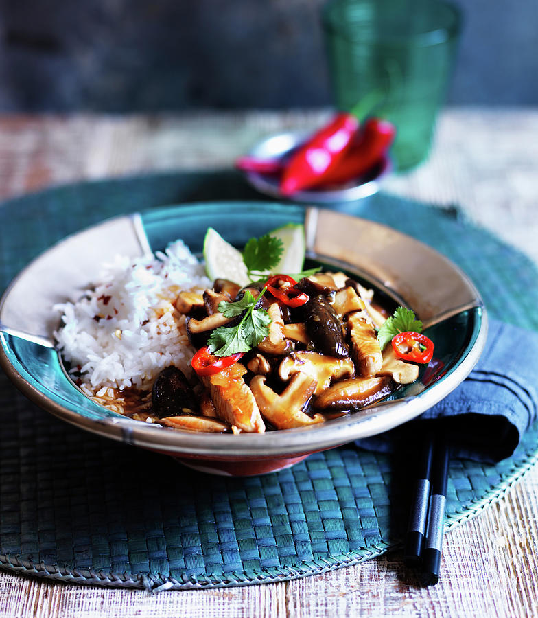 Sweet And Sour Chicken With Mushrooms Served With Rice asia Photograph by Karen Thomas