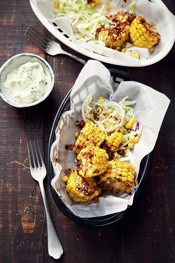 Sweet And Sour Corn On The Cob With Coleslaw And Ranch Dressing Photograph by Thorsten Stockfood Studios / Suedfels