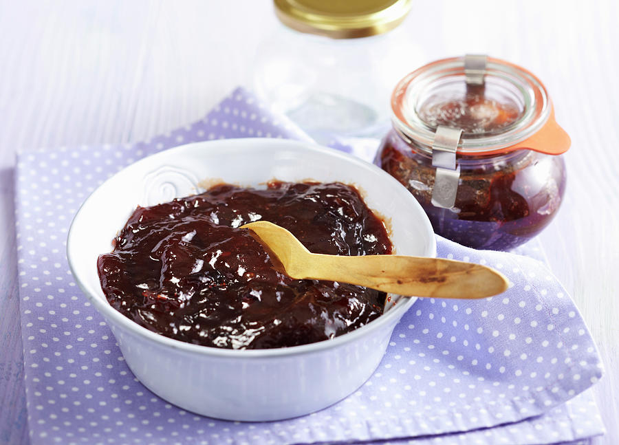 Sweet And Sour Plum Ketchup In A Bowl And Mason Jar Photograph by Teubner Foodfoto