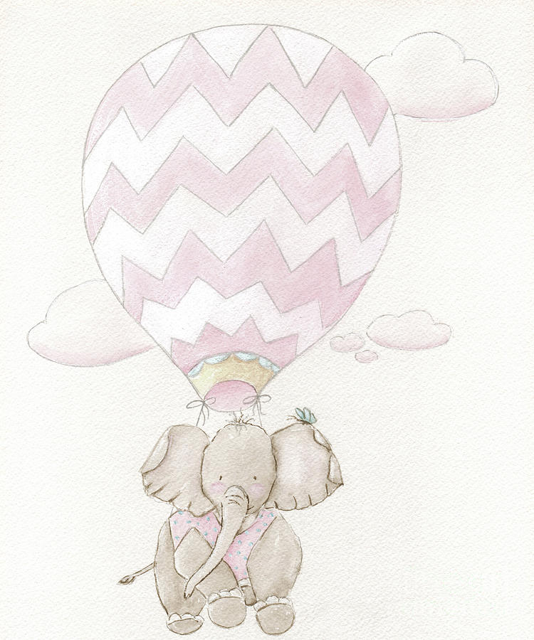 Sweet Baby Elephant In Hot Air Balloon - For Girls Nursery Painting by Debbie Cerone