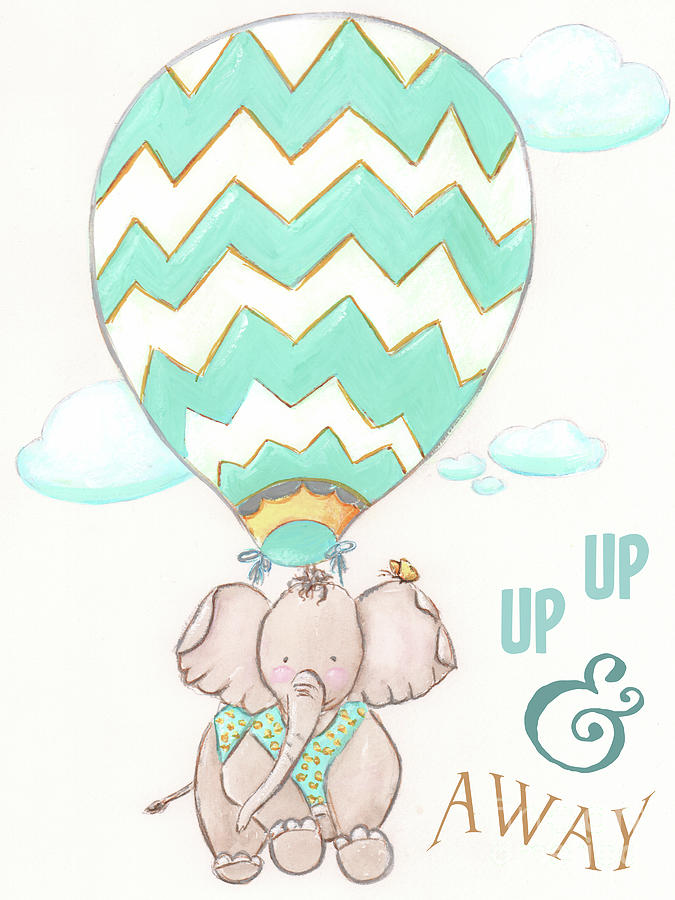 Sweet Baby Elephant In Hot Air Balloon - For Teal And Yellow Nursery Painting by Debbie Cerone