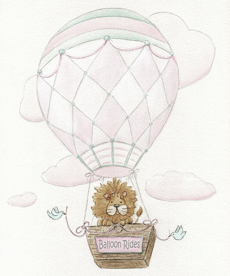 Sweet Baby Lion In Hot Air Balloon - For Girls Nursery Painting by Debbie Cerone
