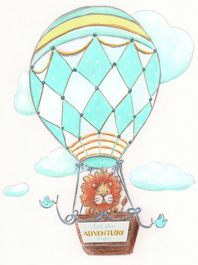 Sweet Baby Lion In Hot Air Balloon - For Teal And Yellow Nursery Painting by Debbie Cerone