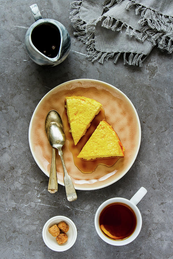 Sweet Breakfast With Soft Homemade Cottage Cheese Cake, Maple Syrup And Tea Cup Photograph by Yuliya Gontar