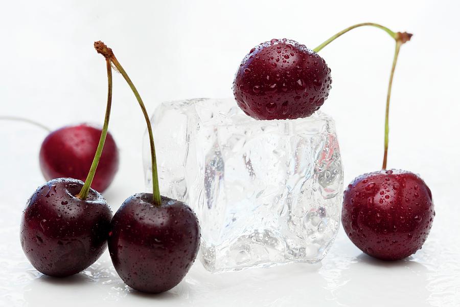 Sweet Cherries And An Ice Cube Photograph by Creative Photo Services
