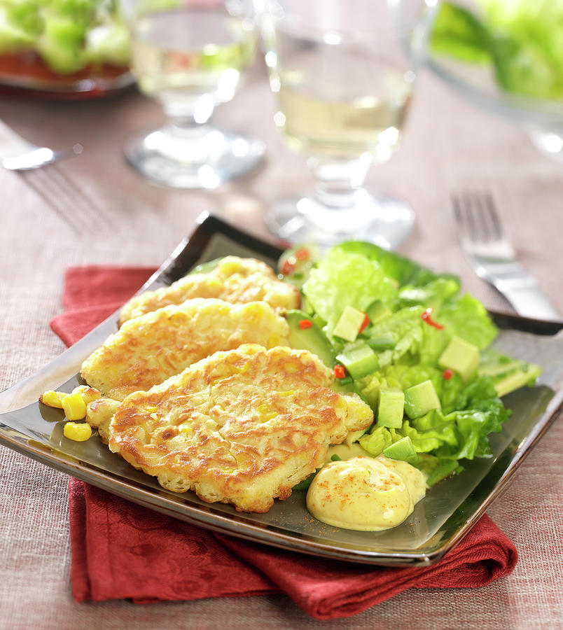 Sweet Corn Fritters And Mexican Salad Photograph by Bertram