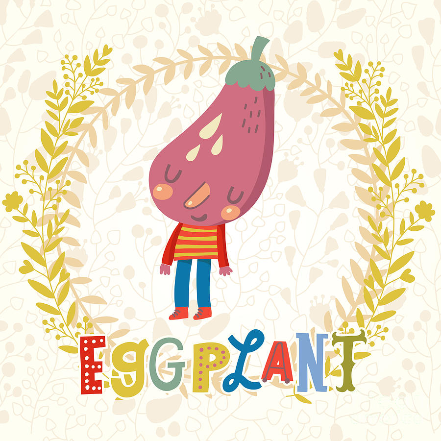 Salad Digital Art - Sweet Eggplant In Funny Cartoon Style by Smilewithjul Salad Digital Art - Sweet Eggplant In Funny Cartoon Style by Smilewithjul