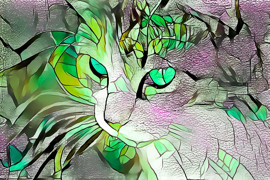 Sweet Green Stained Glass Cat Digital Art by Don Northup