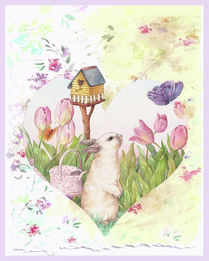 Sweet Heart Bunny and Butterfly Painting by Judith Cheng