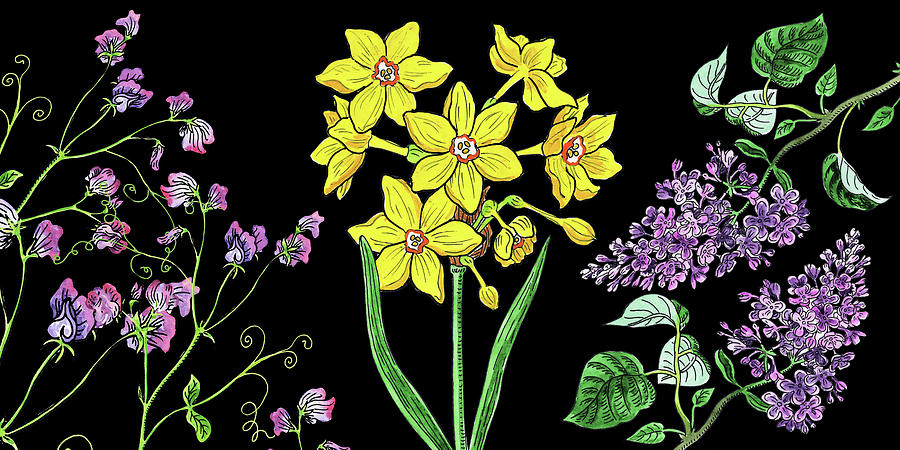 Sweet Pea Daffodil And Lilac Flowers  Painting by Irina Sztukowski
