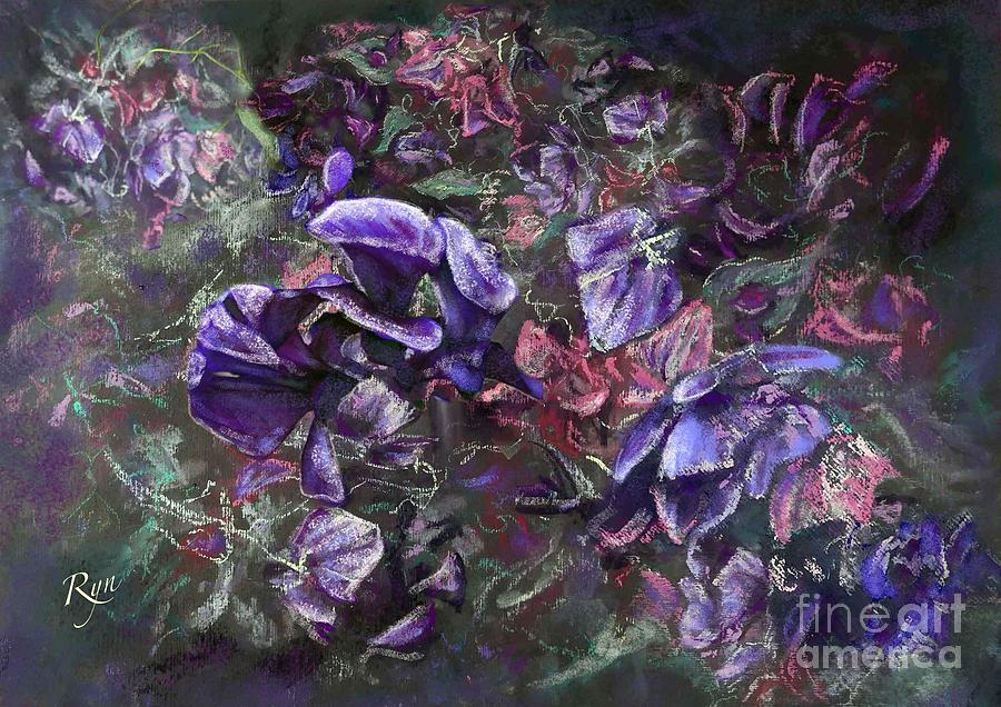Sweet peas in the artists garden by evening. Painting by Ryn Shell