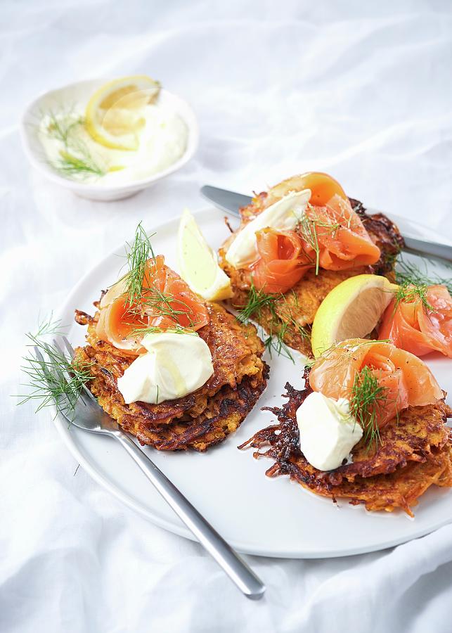Sweet Potato Fritters With Smoked Salmon Trout And Crme Frache Photograph by Great Stock!