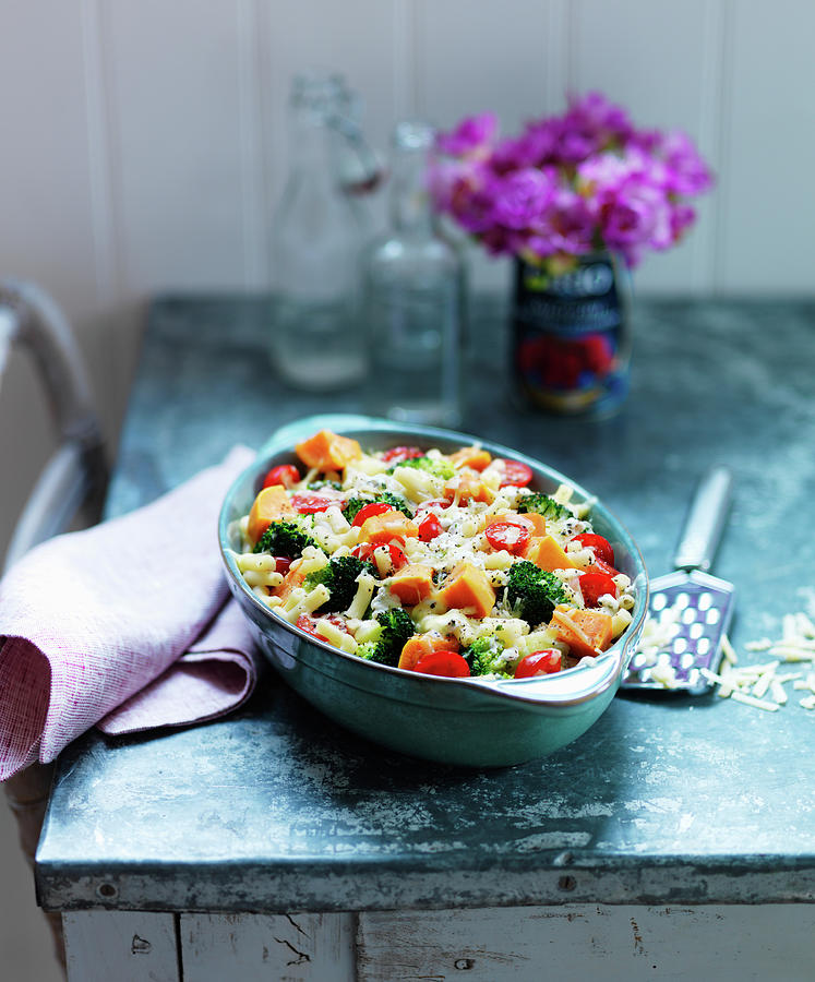 Sweet Potato Pasta Bake With Broccoli, Carrots And Tomatoes Photograph by Karen Thomas