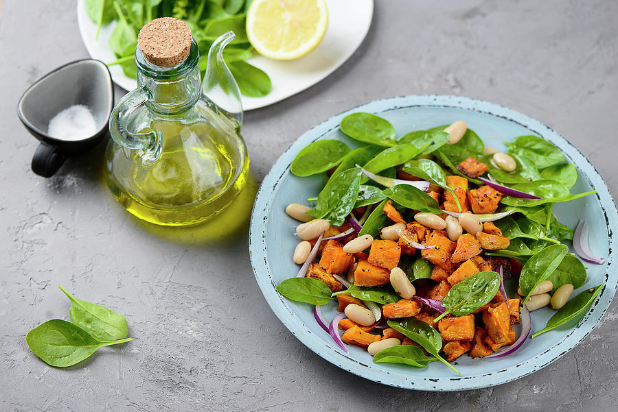 Sweet Potato Salad With White Beans And Spinach Photograph by Ewgenija Schall