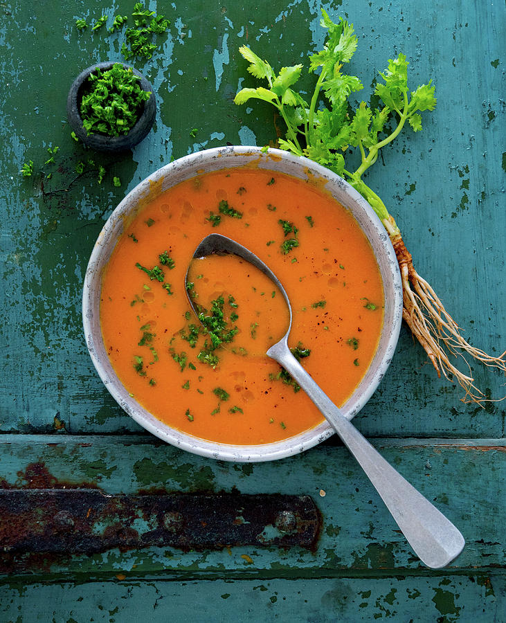 Sweet Potato Soup With Coriander Leaves Photograph by Udo Einenkel