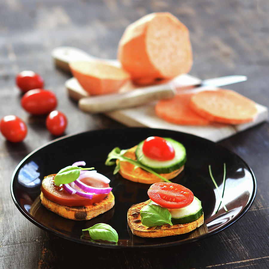 Sweet Potato Toasts With Fresh Vegetables As Canaps Photograph by Mariola Streim