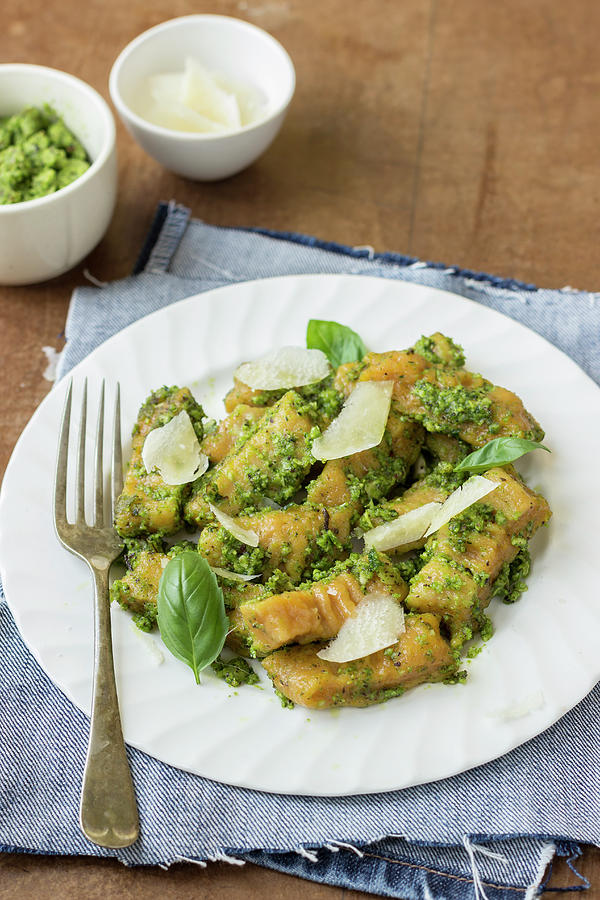 Sweet Potatoes Gnocchi With Basil Pesto And Parmesan Cheese Photograph by Zuzanna Ploch