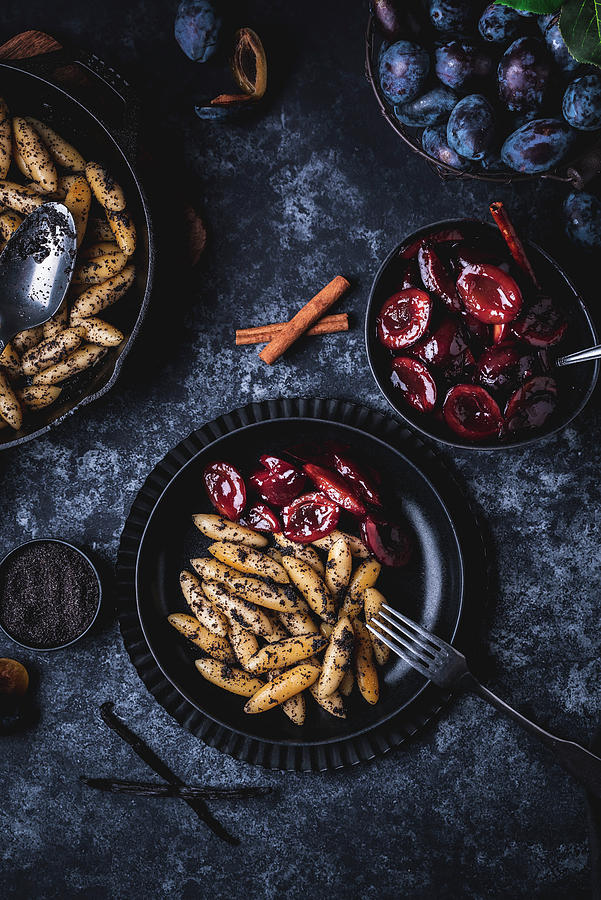Sweet Schupfnudeln With Poppy Seed Butter And Stewed Plums Photograph by Christian Kutschka