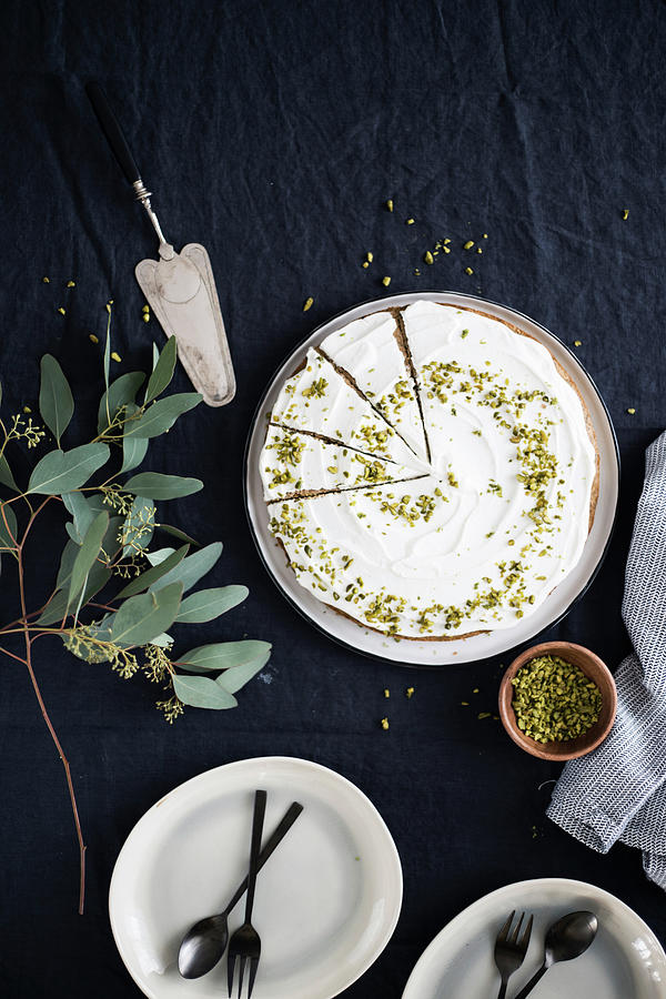Sweet Spinach Cake With Cream Cheese And Pistachio Nuts Photograph by Emmer Flora