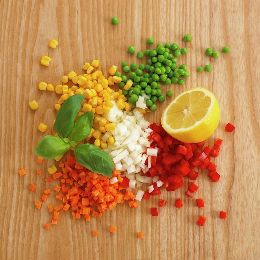Sweetcorn, Peas And Diced Carrots, Peppers And Onions Photograph by Dave King