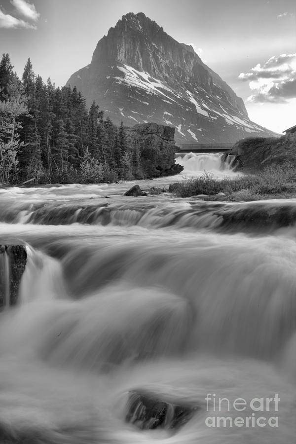 Swiftcurrent Falls Spring SUnset Black And White Photograph by Adam Jewell
