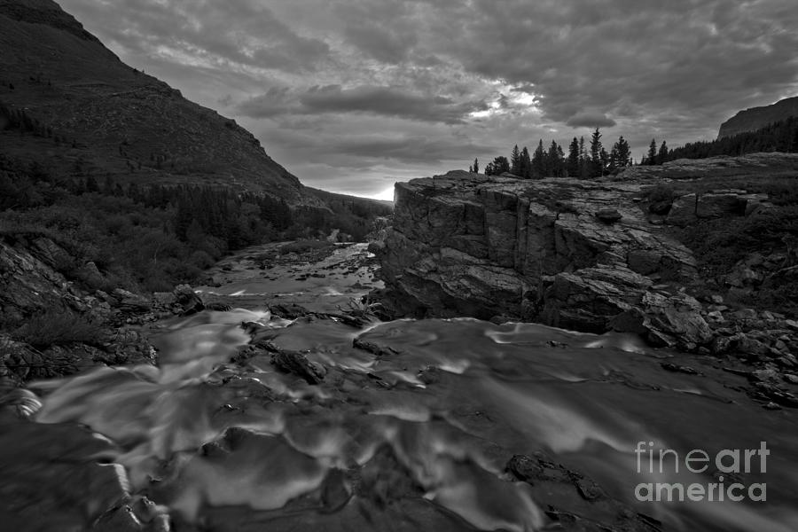 Swiftcurrent Falls Sunrise Burst Black And White Photograph by Adam Jewell
