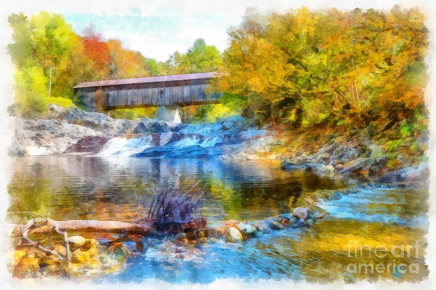 Swiftriver Covered Bridge Bath New Hampshire Watercolor Digital Art by Edward Fielding