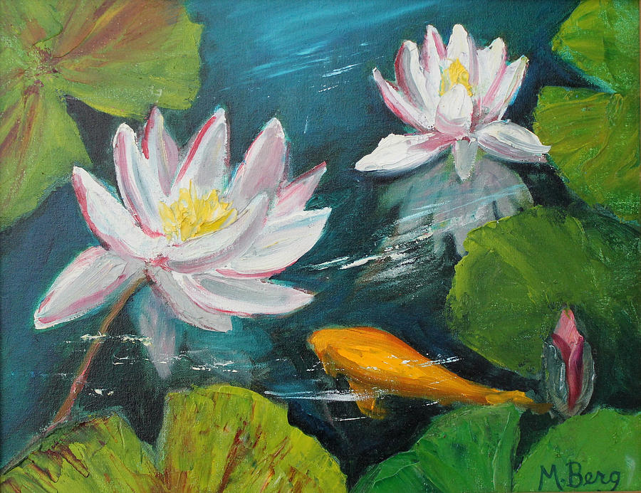 Swimming between Lilies Painting by Marian Berg