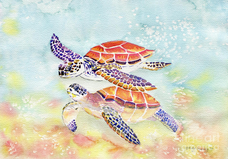 Turtle Painting - Swimming Together - Sea Turtle  by Melly Terpening