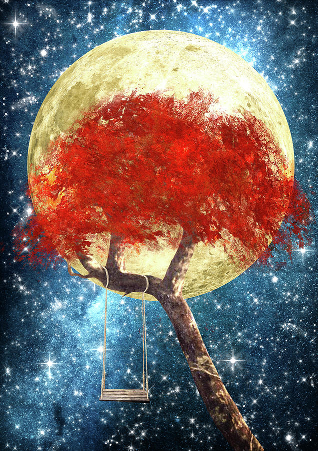 Space Mixed Media - Swing Under A Golden Moonlight by Diogo Ver?ssimo