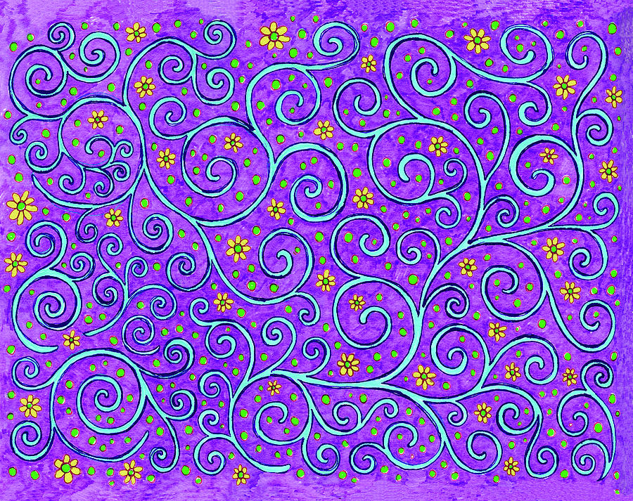 Pattern Painting - Swirls On Pale Blue On Purple by Andrea Strongwater