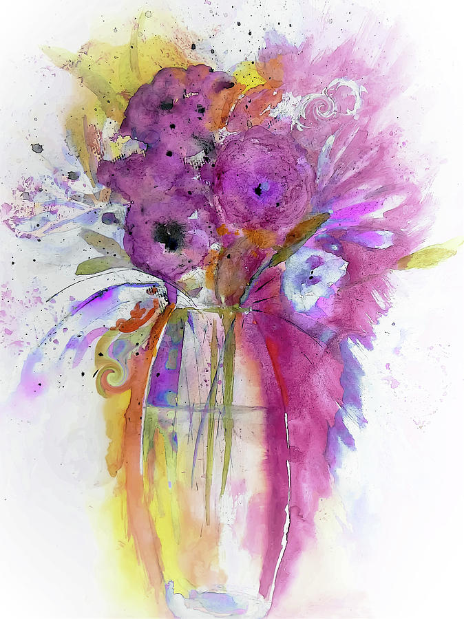 Swirly Watercolor Glass Vase Of Flowers Digital Art by Lisa Kaiser