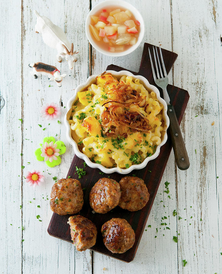 Swiss Meatballs hackttschli With Apple Compote And lplermagronen a Dish From The Swiss Alps Made From Pasta, Potatoes, Cheese, Cream And Onions Photograph by Udo Einenkel