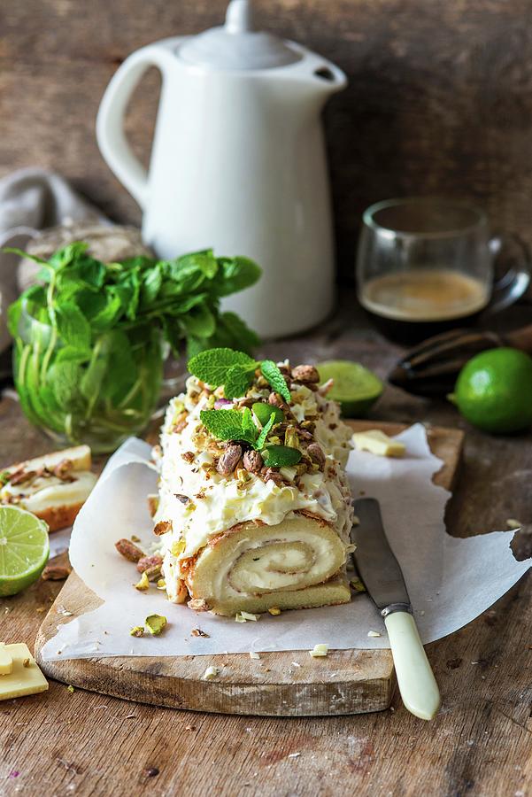 Swiss Roll With Lime, Pistachos, White Chocolate And Mascarpone Photograph by Irina Meliukh