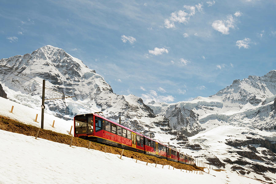Switzerland, Bern, Berner Oberland, Alps, Bernese Oberland, Jungfraujoch, Train Passing Through The Swiss Alps Digital Art by Jordan Banks