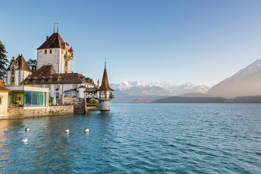Castle Digital Art - Switzerland, Bern, Berner Oberland, Alps, Lake Thun, Schloss Oberhofen by Sebastian Wasek