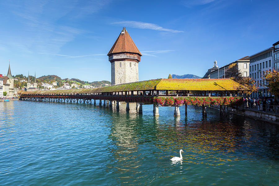Switzerland, Luzern, Alps, Lake Lucerne, Vierwaldstattersee, Chapel Bridge On The Reuss River With The Water Tower In The Background Digital Art by Sebastian Wasek