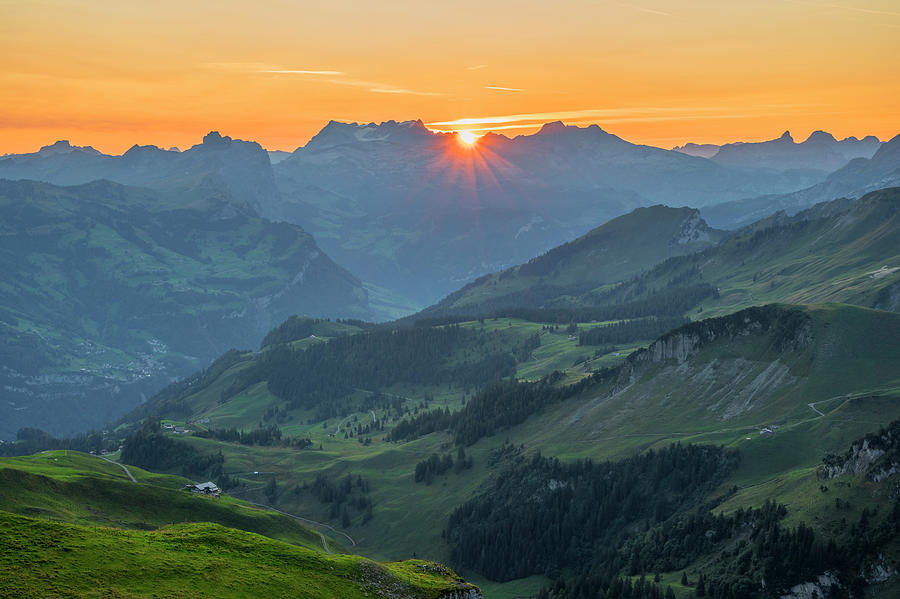 Switzerland, Schwyz, Morschach, Alps, Sunrise Over The Glarnisch As ...