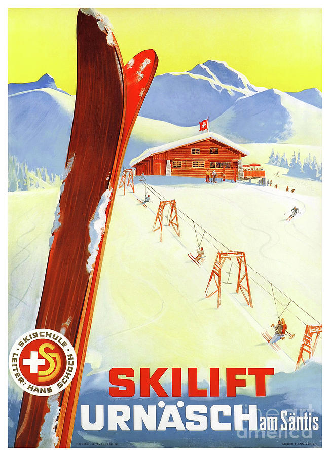Winter Drawing - Switzerland Skilift Urnaesch Vintage Travel Poster Restored by Vintage Treasure