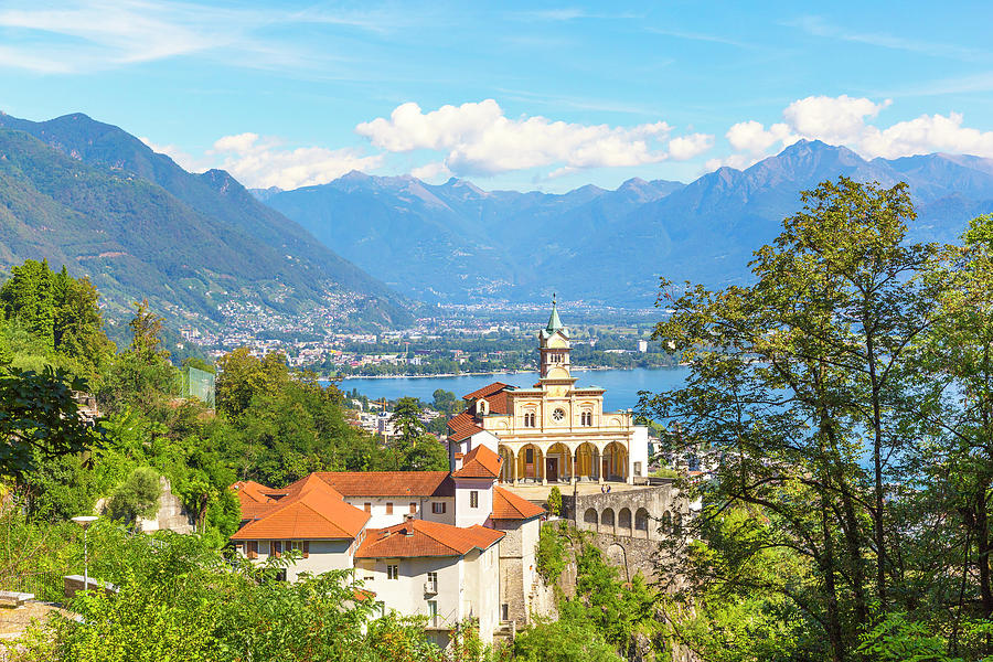 Switzerland, Ticino, Tessin, Lake Maggiore, Alps, Locarno, Madonna Del Sasso Church With View On The Town Of Locarno And Lake Maggiore Digital Art by Marco Arduino