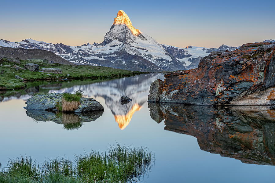 Switzerland, Valais, Zermatt, Alps, Matterhorn, Swiss Alps, Mountain Lake Stellisee With Matterhorn In The Morning At Sunrise Digital Art by Reinhard Schmid