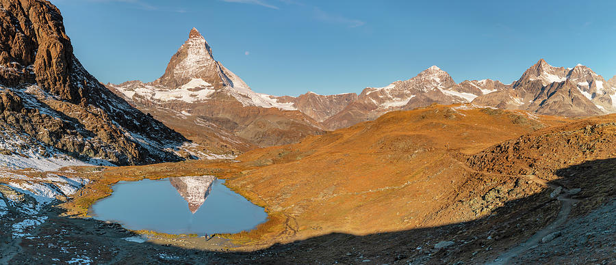 Switzerland, Valais, Zermatt, Alps, Matterhorn, Swiss Alps, View Over The Riffelsee To The Matterhorn Digital Art by Markus Lange