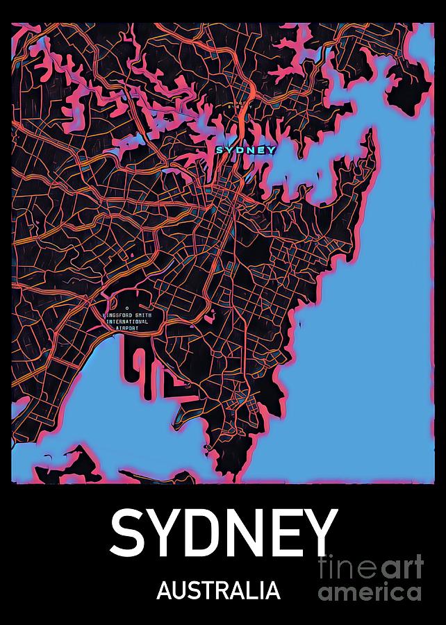 Sydney City Map Digital Art by HELGE Art Gallery