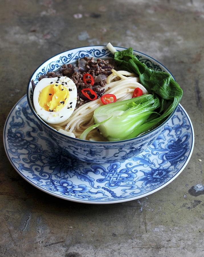 Szechuan Udon Noodle Soup With Meat, A Boiled Egg, And Chinese Cabbage japan Photograph by Milly Kay