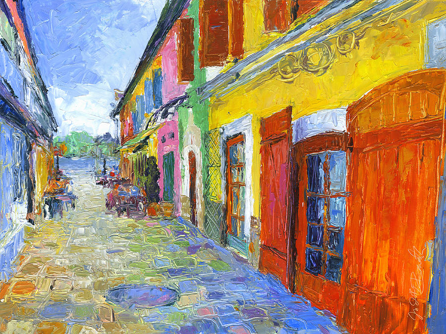 Szentendre Street with Restaurants Painting by Judith Barath