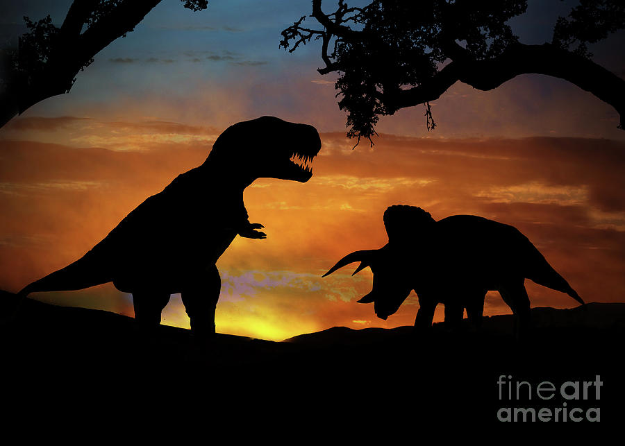 T Rex and Triceratops Dinosaurs at Sunset Photograph by Stephanie Laird