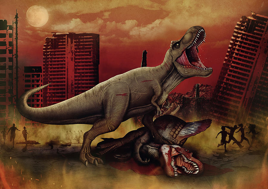 T-rex Defeating A Spinosaurus Dinosaur Photograph by Aram Papazyan